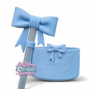 Powder Blue 3D Bow Silicone 10mm Straw Topper & Tumbler Boot Set | Accessories
